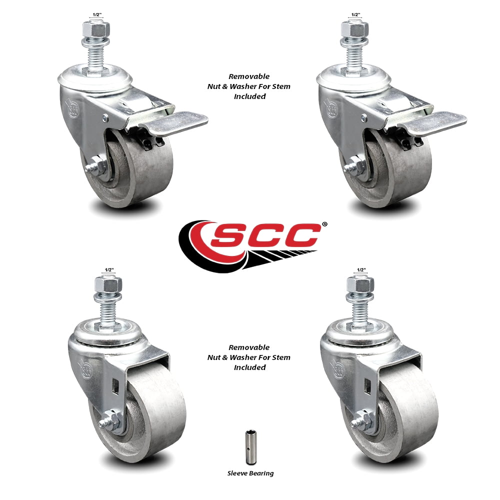 Semi Steel Cast Iron Swivel Threaded Stem Caster Set of 4 3" x 1.25
