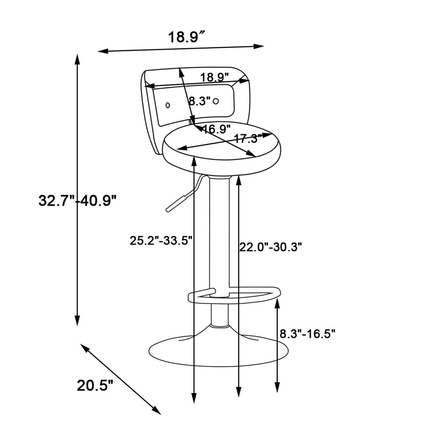 Kadyn 2pcs Modern Adjustable Counter Height Barstools with Back& Footrest for Kitchen, Black