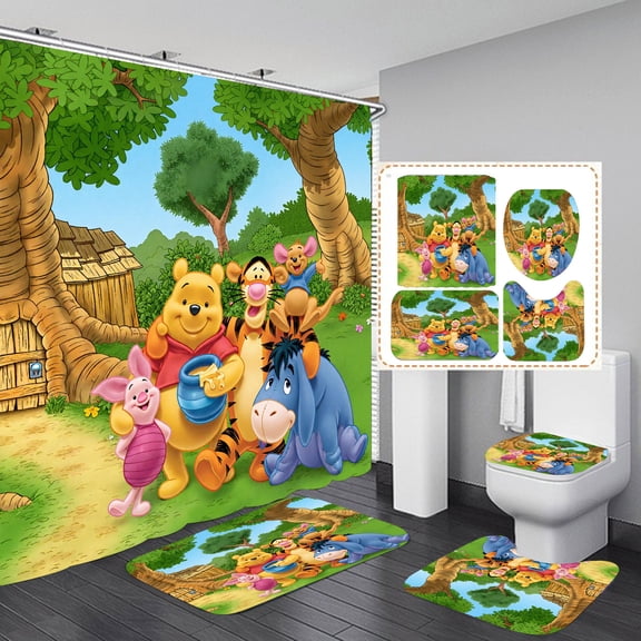 Winnie The Pooh Shower Curtain Bathroom 4 Pieces Set Toilet Lid Cover and Bath Mat, Non-Slip Rugs Durable and Waterproof, for Bathroom Decor Set, 72" x 72"