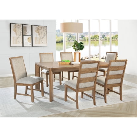 Dining Set 7-Piece Rectangular Wood Dining Table and 6 Upholstered Side Chairs Natural Brown Finish with Oatmeal Fabric Seats 72.25 L Farmhouse Style for Dining Room and Kitchen