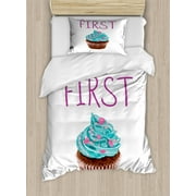 Eat Dessert First Duvet Cover Set Twin Size, Simple Lettering Quote and Realistic Drawn Sweet Tasty Cupcake Print, 2 Piece Bedding Set with 1 Pillow Sham, Multicolor, by Ambesonne