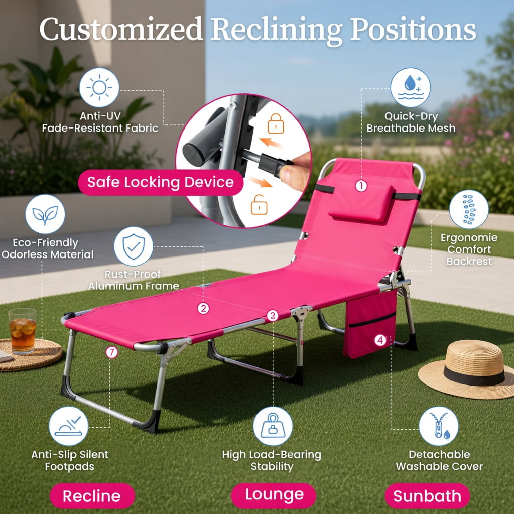 Hommoo Portable Folding Tanning Chair with Face Hole & Adjustable Backrest, Lightweight Sunbathing Lounger for Beach, Pool, and Backyard, Pink