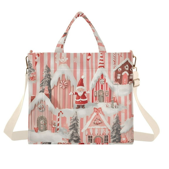 FORMRS Womens Corduroy Tote Bag Crossbody Shoulder Handbag with Pocket, Light Pink Gingerbread Houses