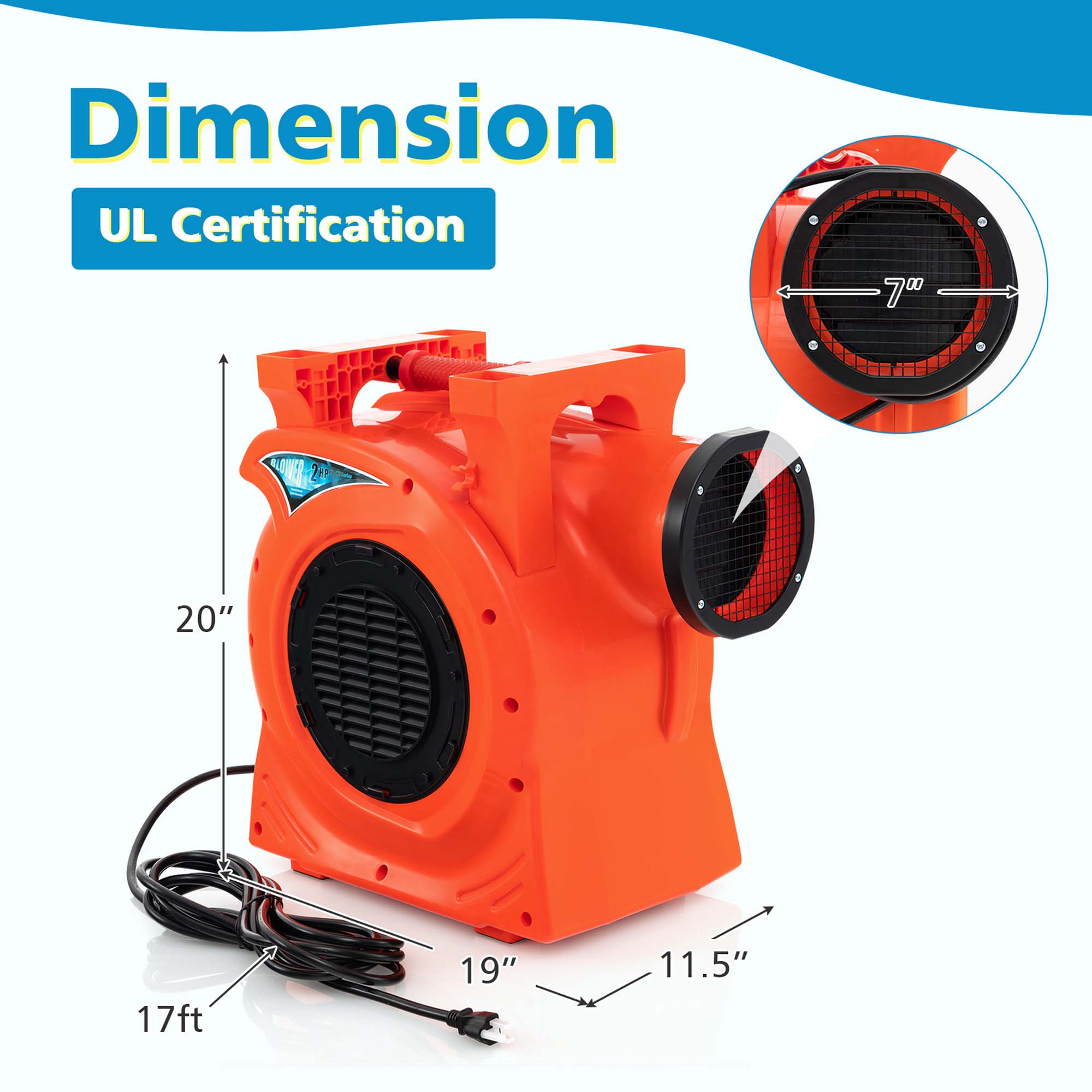 Costway 2 HP/1500W Air Blower Commercial Inflatable Bounce House Blower for Water Slide