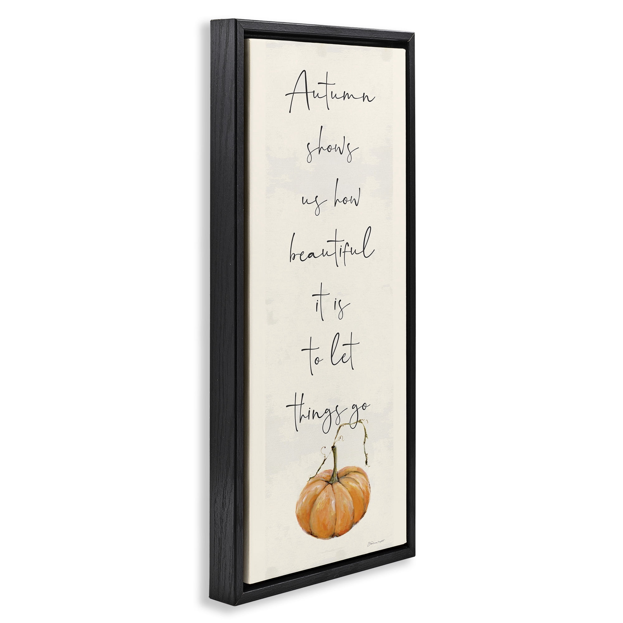 Stupell Industries Autumn Beauty Inspirational Phrase Holiday Painting Black Floater Framed Canvas Art Print Wall Art, 11 x 25