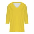 thumbnail image 4 of 2023 Cotonie Women's Solid Color T-shirt 3/4 Sleeves Pullover V-Neck Blouse 2023 Trendy Casual Tops,Yellow,S, 4 of 5