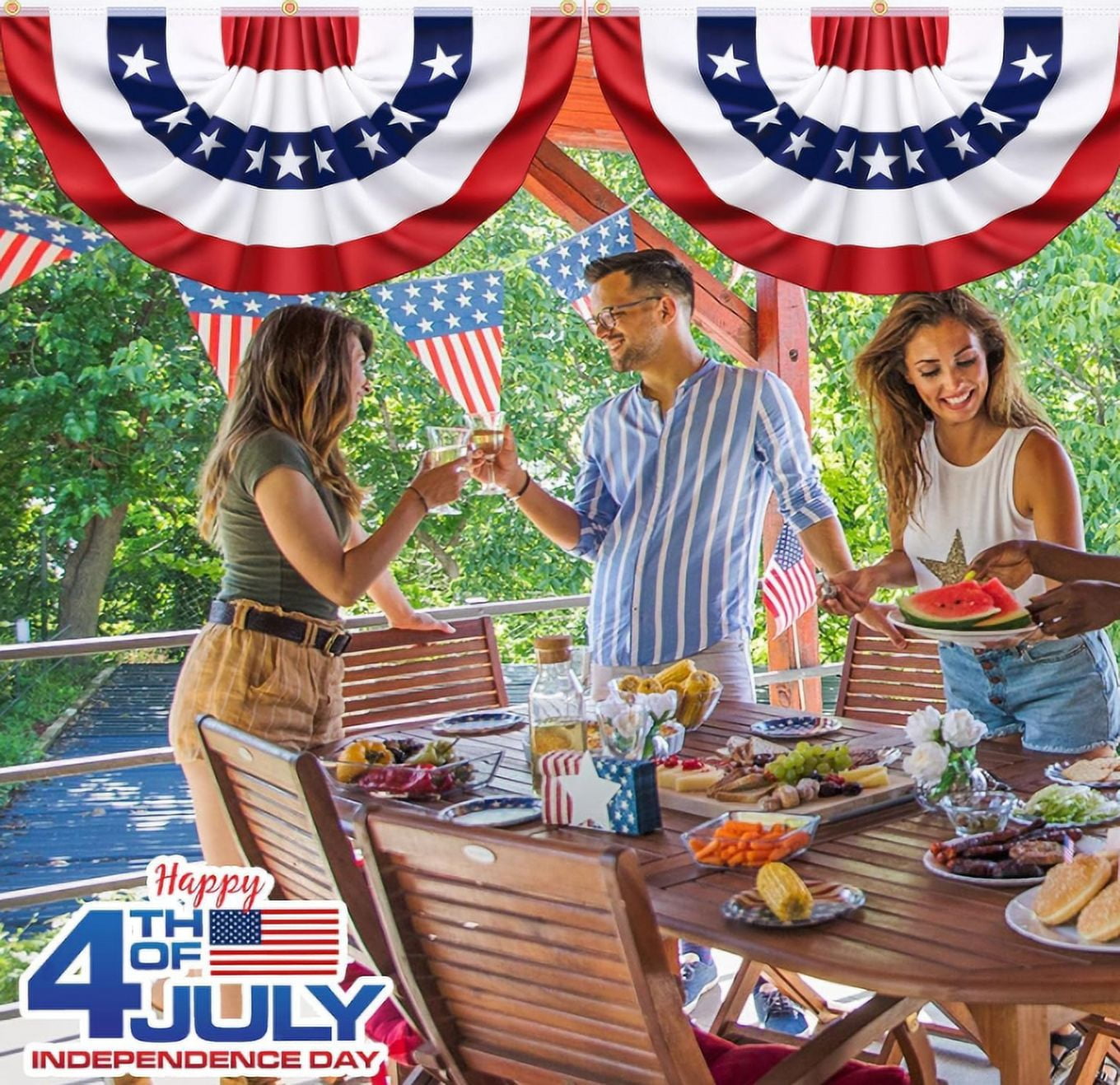 RuWeoMaa 4th of July Decorations, 1.5x3 FT American Flag Banner, 8PCS USA Pleated Fan Flags,Patriotic Bunting US Half Fan Flag for Fourth of July Independence Day Memorial Day Home Yard Outdoor Decor