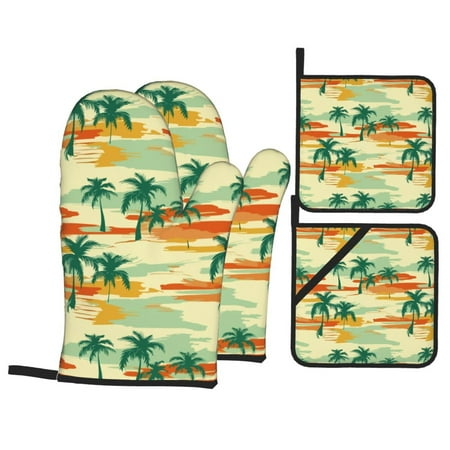 

Oven Mitts and Pot Holders Sets 4 pcs - Palm tree_AM Heat Resistant Silicone Oven Gloves with Non-Slip Silicone Surface and hot pads for kitchen Baking Cooking BBQ