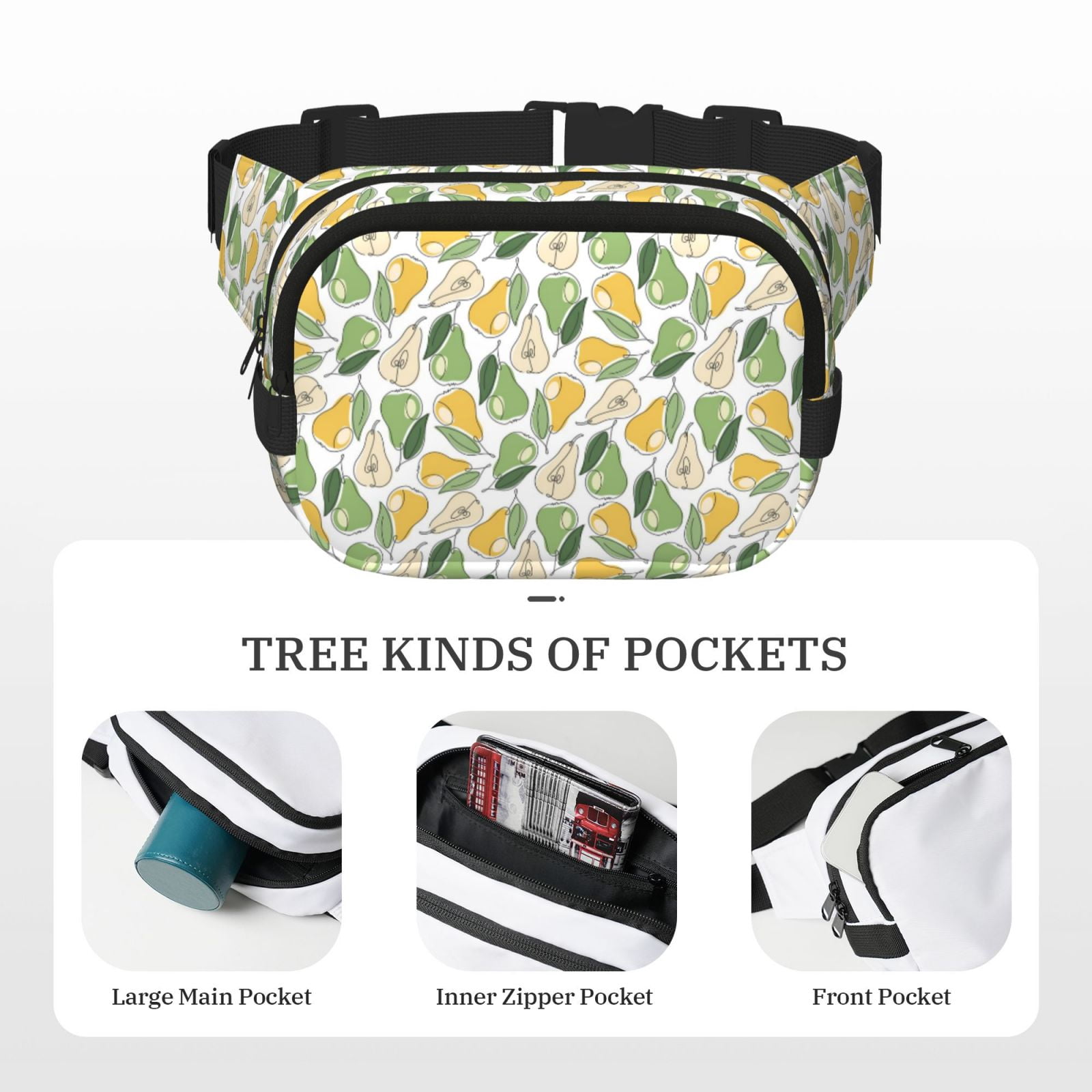 Picia Fruit Pears Print Square Double-Layer Waist Bag Mini Adjustable Waist Belt Bag Exercise Running Travel Hiking