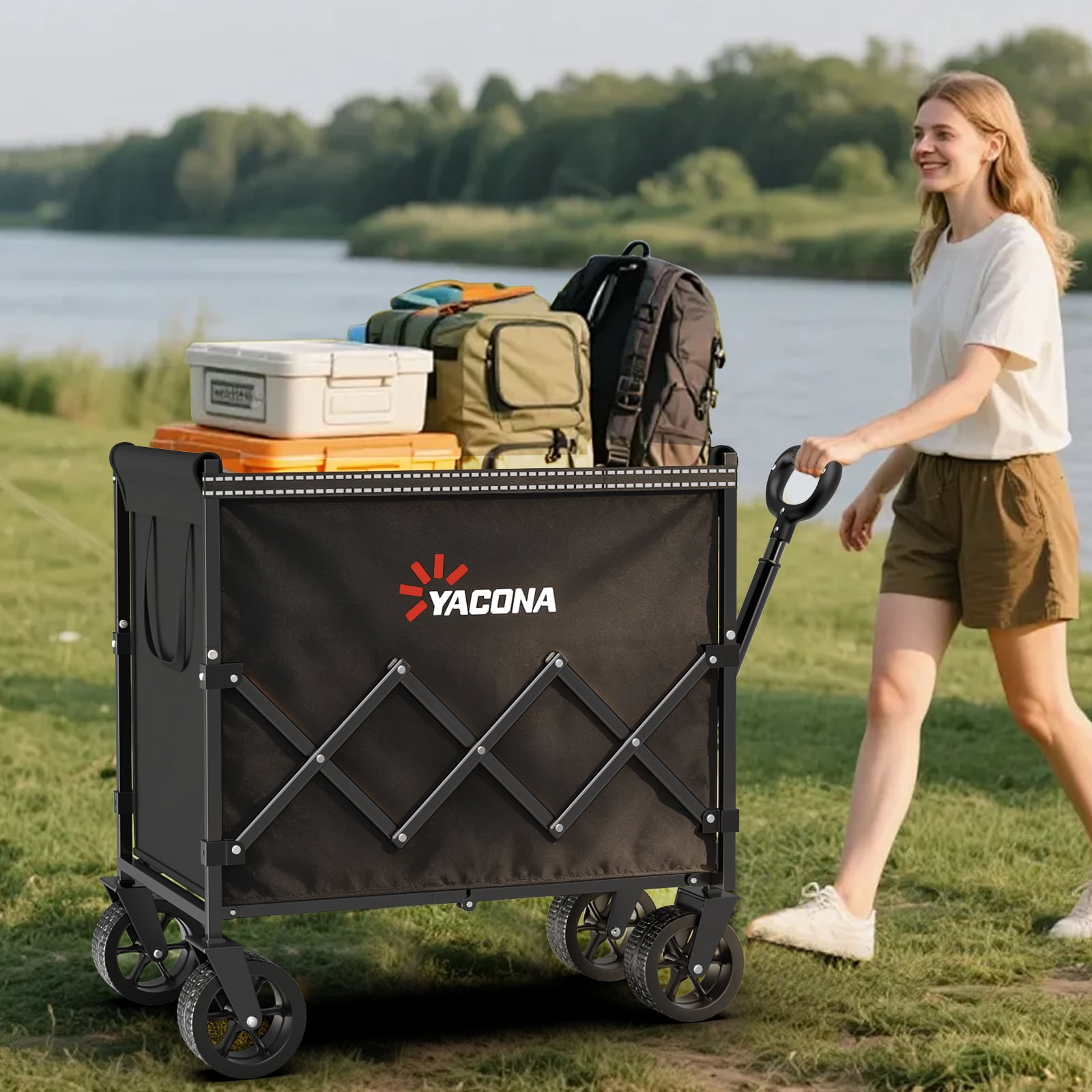 Yacona Wagons Carts Foldable, Large Capacity Collapsible Wagon, Heavy Duty Grocery Cart on Wheels, 450lbs, Black