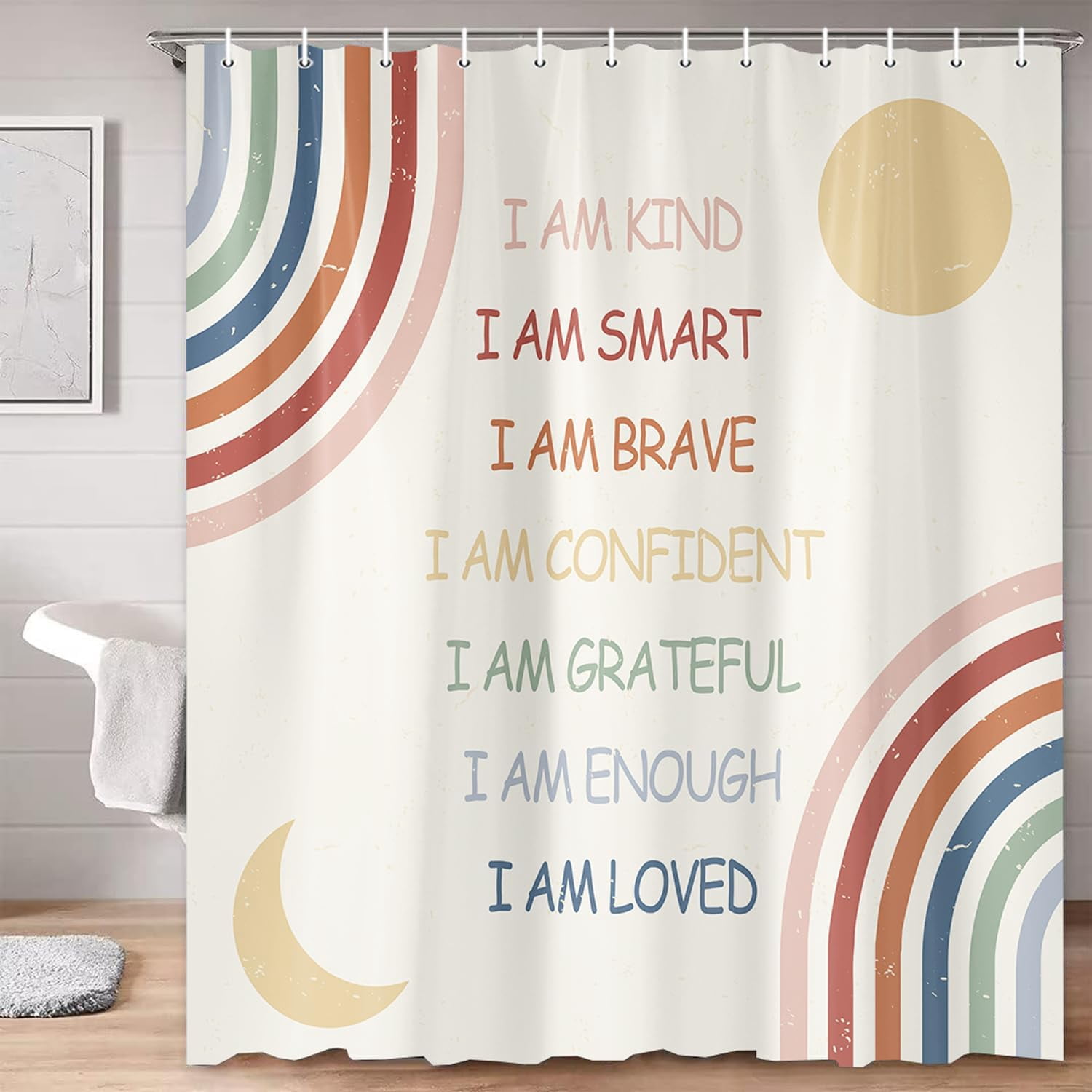 Rainbow Shower Curtain for Kids, Inspirational Quotes Shower Curtain Set for Bathroom, Abstract Boho Positive Teen Fabric Shower Curtain Restroom Bathtub Decor Accessories with Hooks