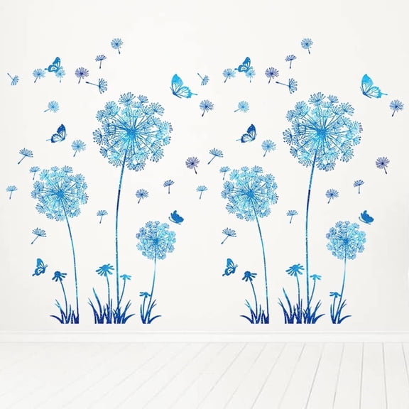 Farcauo 2 Set Dandelion Wall Decals Blue Flower Stickers Murals Butterflies Wall Decor for Bedroom Office Bathroom Living Room Floral Wall Decal Removable Wall Decoration Peel and Stick Wall Decor
