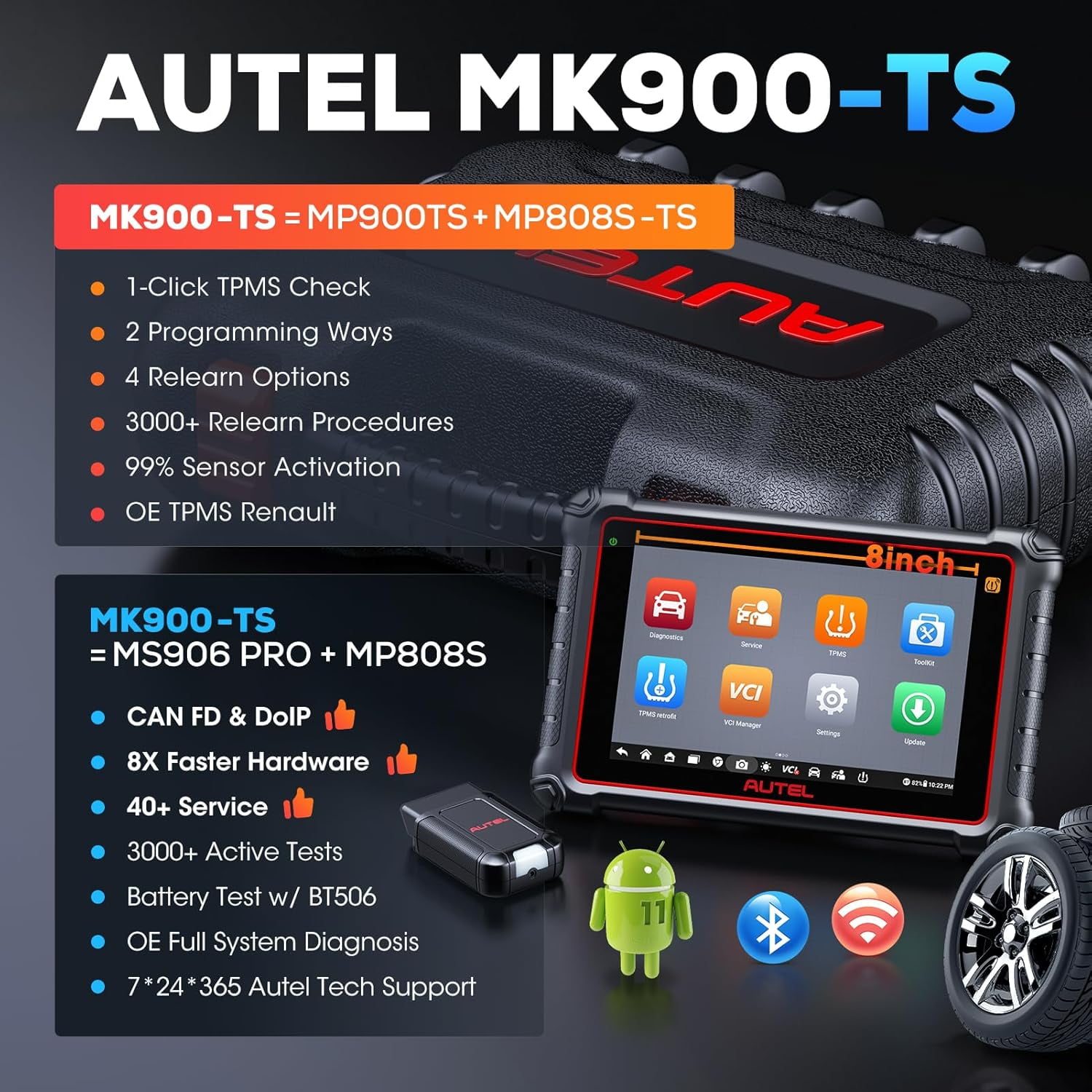 2025 Autel MaxiCOM MK900-TS Scanner, MK900-TS Up of MK808S-TS MK900BT MK900 MX900, Bidirectional Scan Tool w/Top TPMS Function, All System, CAN FD & DoIP, 3000+ Active Test, 40+ Service, FCA, OS 11.0