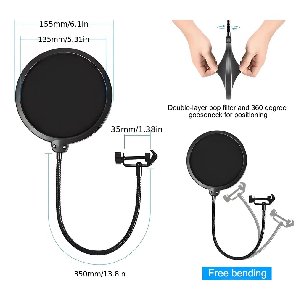 2pcs Black Double-Layer Mesh Microphone Pop Filter - Ideal for Voice Recording And Live Streaming, Includes 360° Adjustable Gooseneck Clamp Stabilizer Arm, Compatible with Microphones