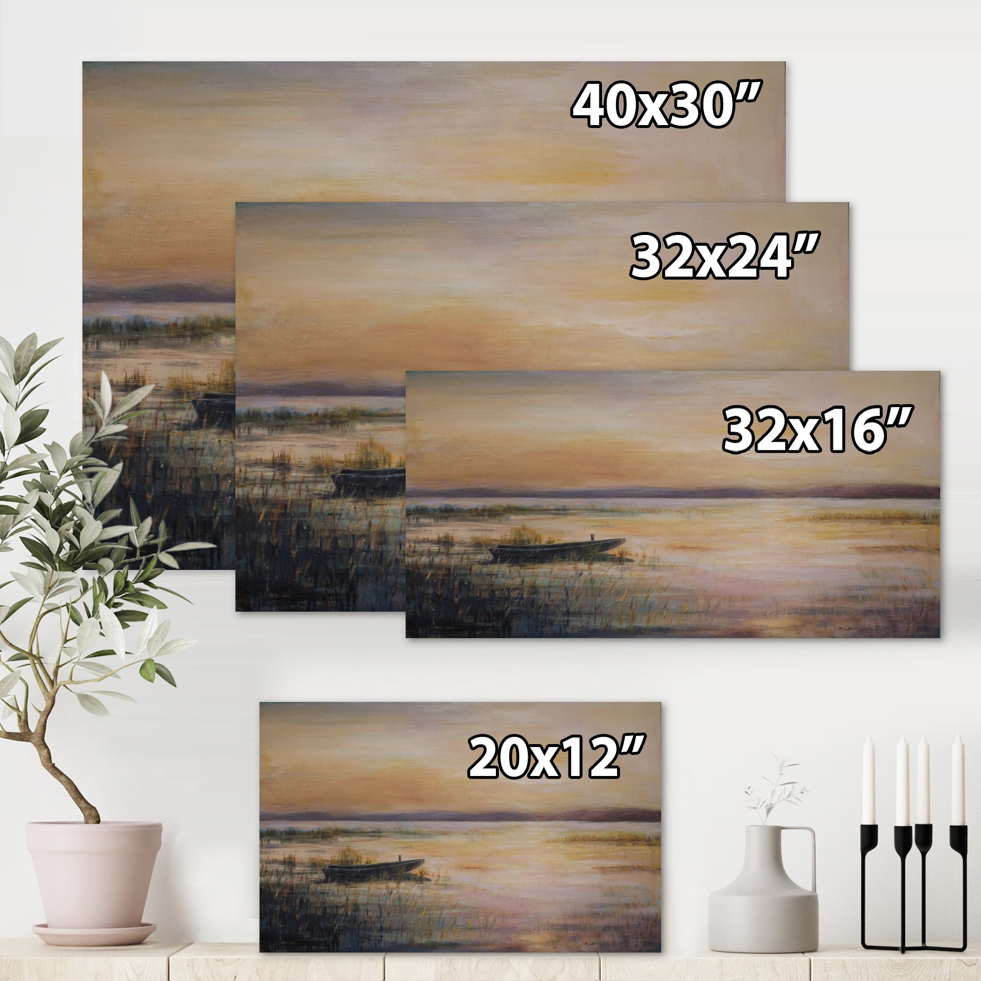Designart ' Pastel Boat Sunset Over The Lake ' Nautical & Coastal Canvas Wall Art Print