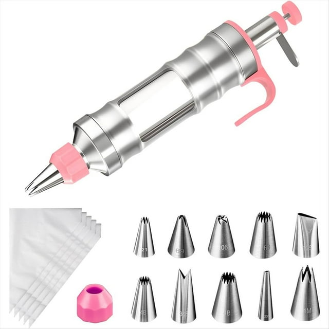 Kit de Decoración de Postres para Tartas con 10 Boquillas de Acero Inoxidable de Alimenticio y 50 Mangas Pasteleras Desechables, Color Rosa.