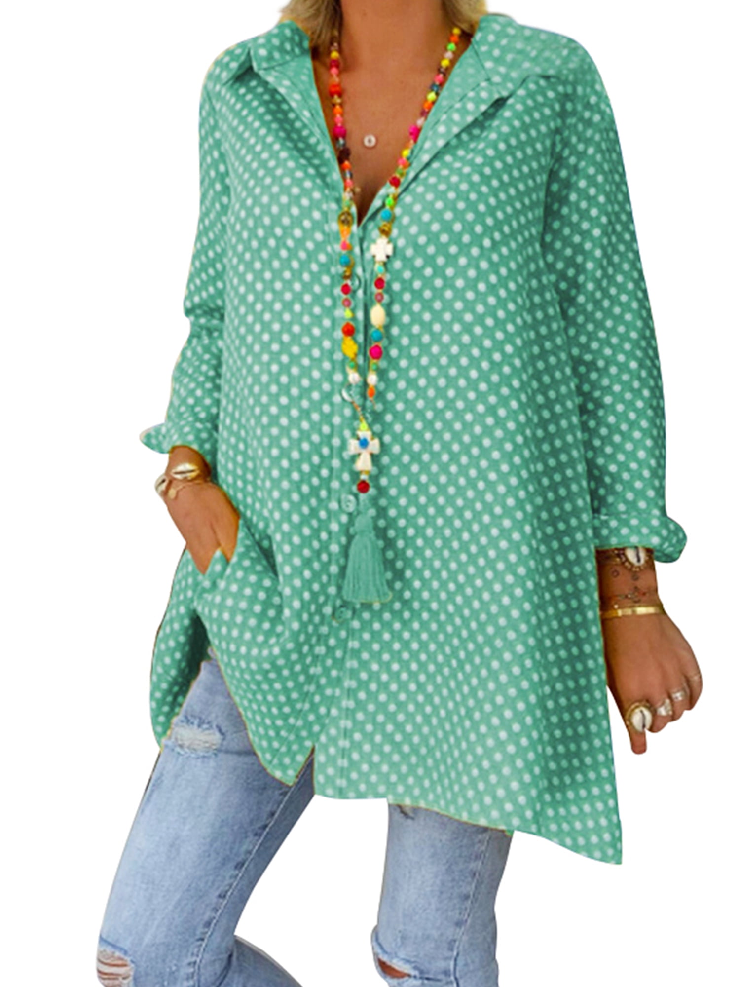 Plus Size Tunic Blouse for Women Roll Up Sleeve Casual Polka Dot Shirt ...