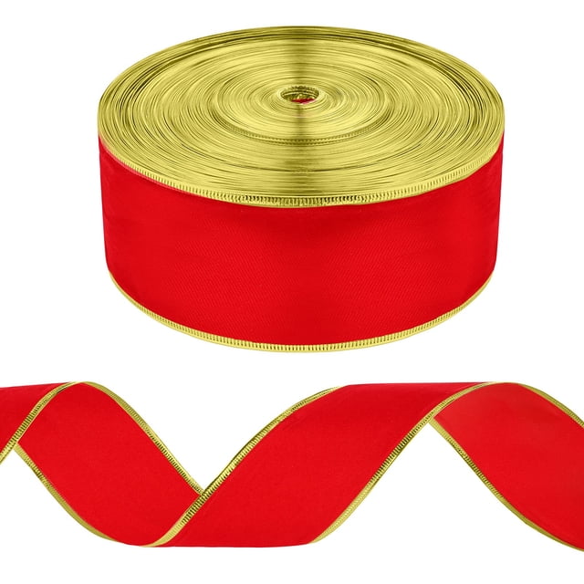Cinta WILLBOND de terciopelo navideño con alambre, 50 m x 6,35 cm, color rojo y dorado