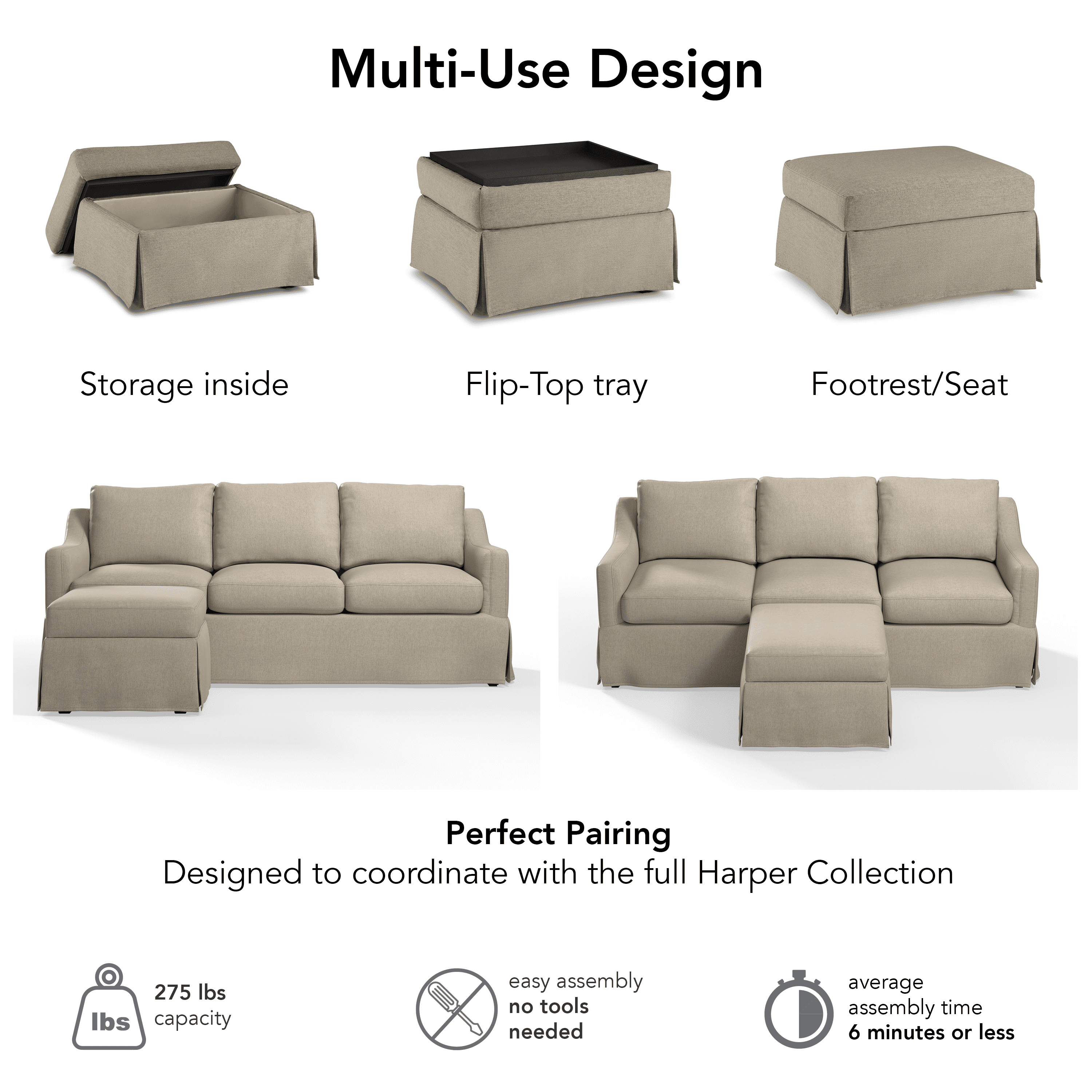 Bush Home Harper Storage Ottoman with Tray and Slipcover in Sand Basketweave Fabric