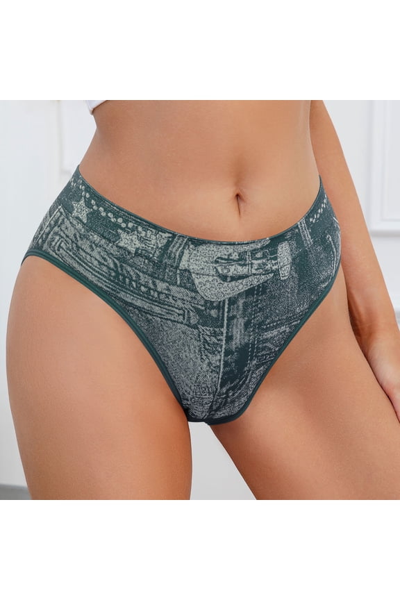 Womens Y2K High Cut Bikini Underwear - Green Faux Denim Print Polyamide Stretch Panties,Size S