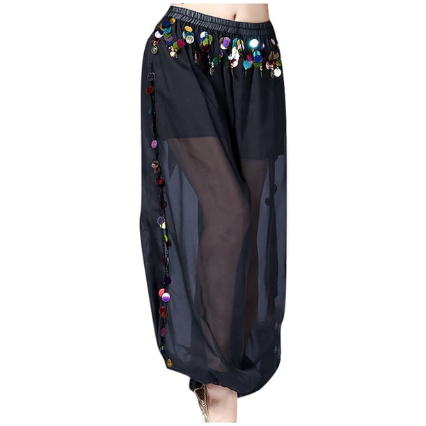 Pantalones elegantes de danza del vientre para mujer - Pantalones anchos con abertura de gasa y lentejuelas - Cintura elástica, talla única para cinturas de 68-110 cm