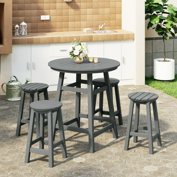 WestinTrends Malibu 5-Piece HDPE Outdoor Patio Dining Bar Bistro Table Set with Counter High Round Bar Stools, Gray