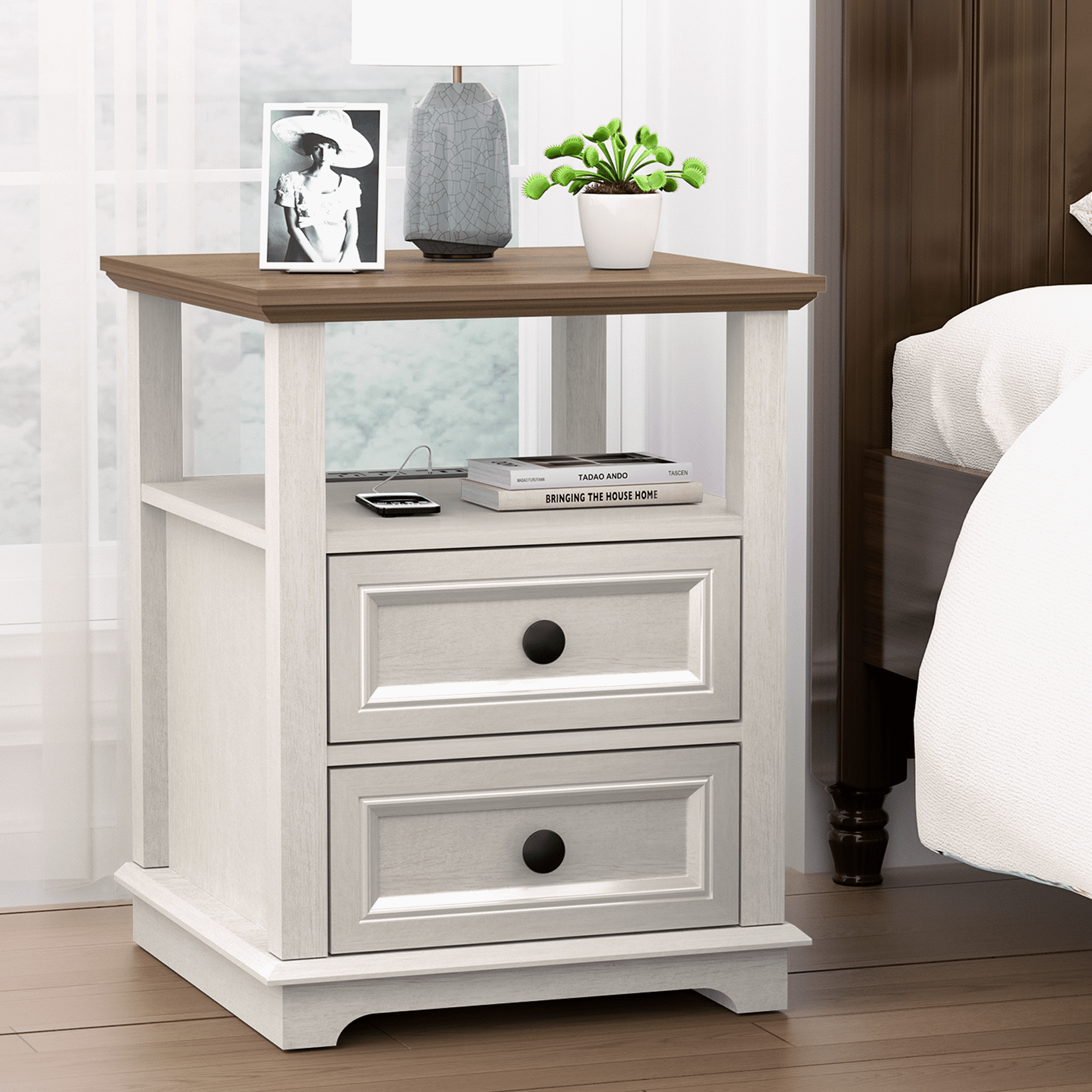 REDAYFUR End Table with Fast USB C Charging Station, 24” Tall Sofa Side Table with 2 Drawers, Large Storage Rustic Wood Square Storage Cabinet for Living Room,Bedroom,Office, White