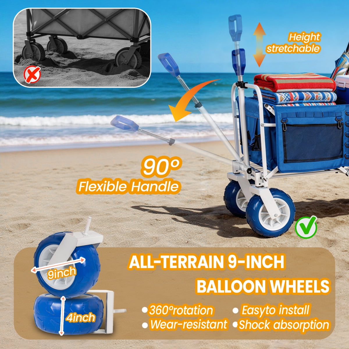 LuckyNote Beach Wagon Cart with Opened Tailgate and 9" All-Terrain Wheels, 500lbs Heavy Duty Collapsible Folding Wagon, Cooler & Storage Bags, Extendable for Kayak, Blue