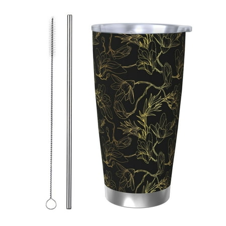 

Qekee Gold Gloss Outline Floral Print 20OZ Car Cup Stainless Steel Vacuum Insulated Tumbler Tumbler Cup With Lid And Straw Travel Coffee Mug-Straw Two-piece Set