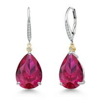 Gem Stone King 925 Silver and 10K Yellow Gold Red Created Ruby and White Lab Grown Diamond Dangle Earrings for Women | 19.27 Cttw | Gemstone July Birthstone | Pear Shape 16X12MM