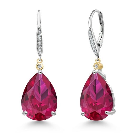 Gem Stone King 925 Silver and 10K Yellow Gold Red Created Ruby and White Lab Grown Diamond Dangle Earrings for Women | 19.27 Cttw | Gemstone July Birthstone | Pear Shape 16X12MM