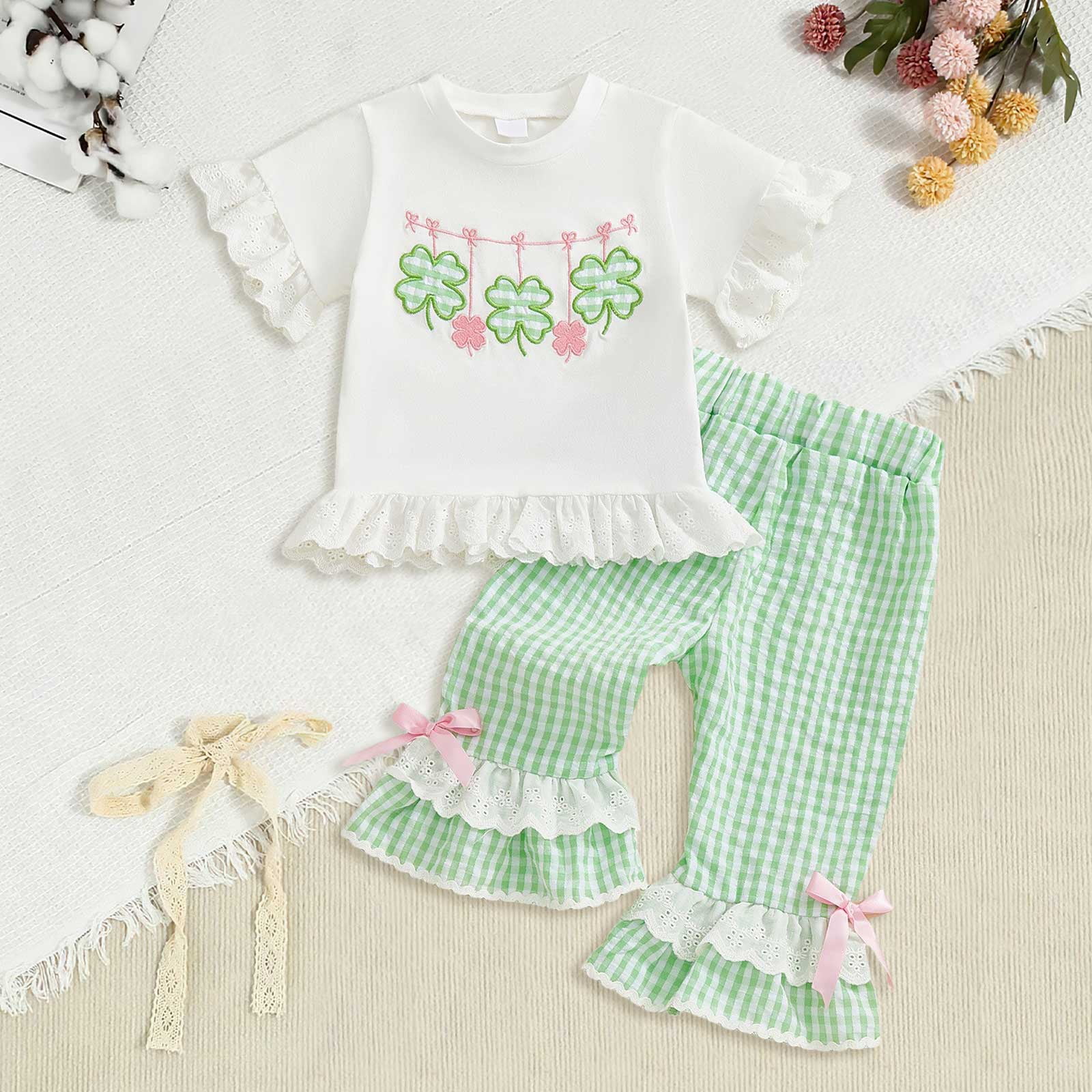 Tennyeal Baby Girl Clothes Baby Girl Outfit Short Sleeve Tops Plaid Flared Pants Set Toddler Girl Clothes for 3-4 Years,White