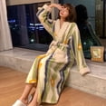 thumbnail image 2 of Bata a rayas para mujer, ropa de dormir con cinturón, ropa de noche de invierno, pijama, camisón de manga larga, ropa de casa de lana cálida, ropa japonesa, 2 of 4