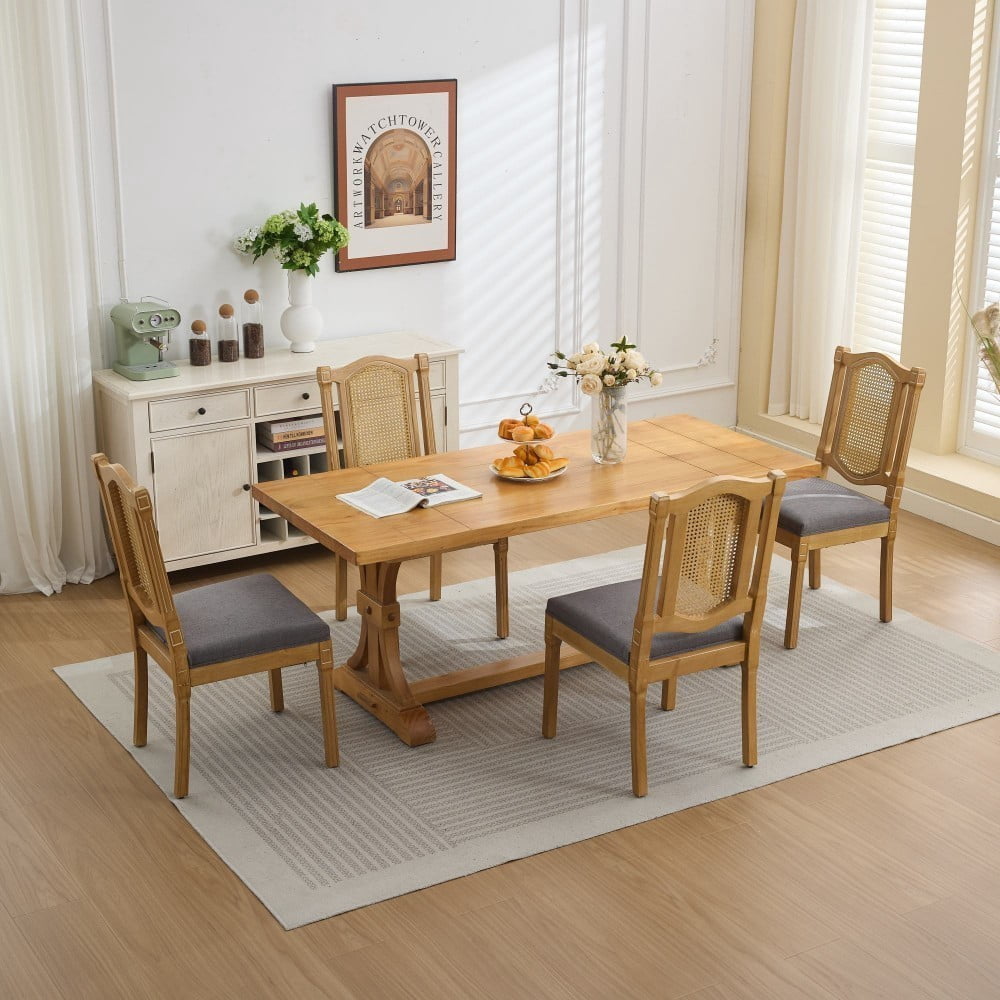 Rattan Dining Chairs Set of 2, Solid Wood Kitchen Chairs with High Rattan Backrest, Matte Linen Cushion, Foam & S-Springs, Gray