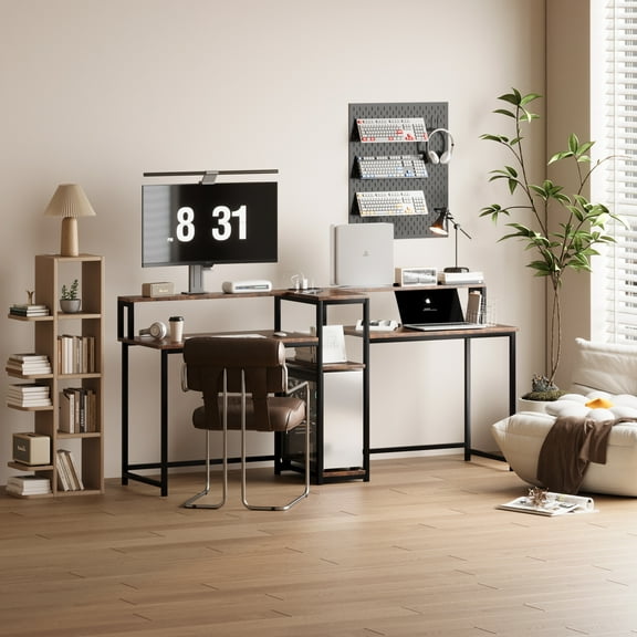 NEWSENDY 83.5 Inch 2 Person Computer Desk with LED Lights,Gaming Desk with Storag,Power Outlets and Monitor Stand,Study Writing Table for Home Office,Rustic Brown