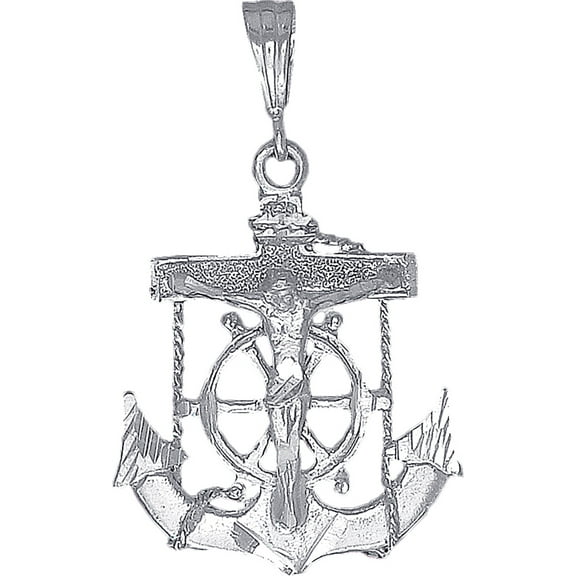 Sterling Silver Anchor Cross with Jesus Pendant Necklace with Diamond Cut Finish and 24 Inch Figaro Chain