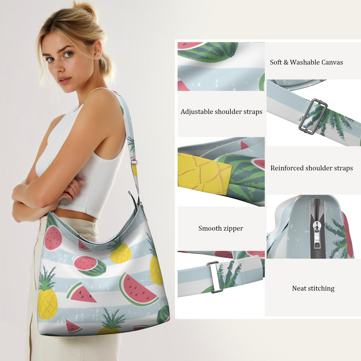 Summer Watermelon Tote Bag for Women | Fashionable Geometric Print Work Bag | Adjustable Strap & Multi-Pocket Organization | Travel & Office Use