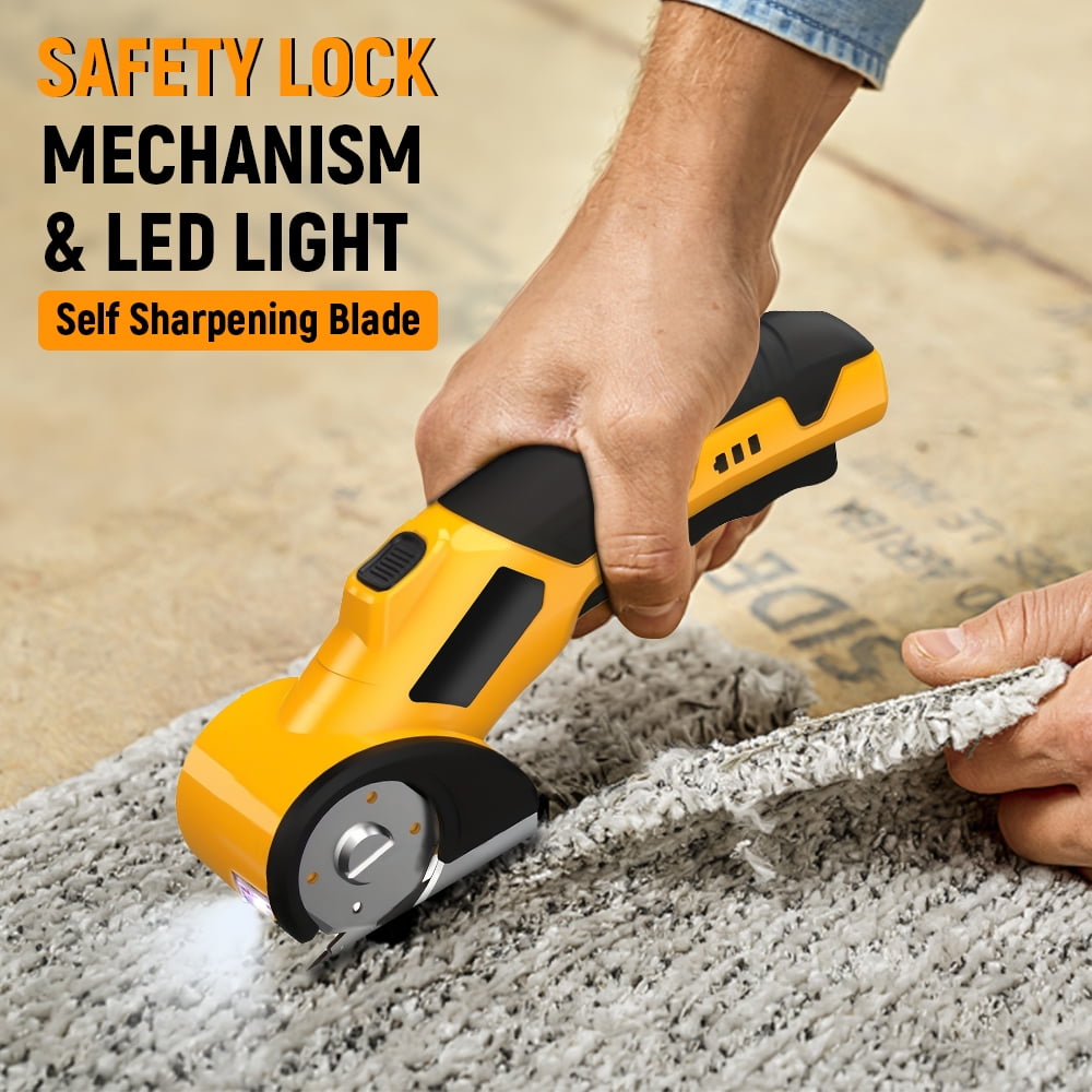 Cordless Electric Scissors,Cardboard Cutter, Rechargeable Cardboard Cutter, 4 Blades, Safety Lock & LED Light, Box Cutter for Carton Carpet Plastic Fabric Leather(Yellow）