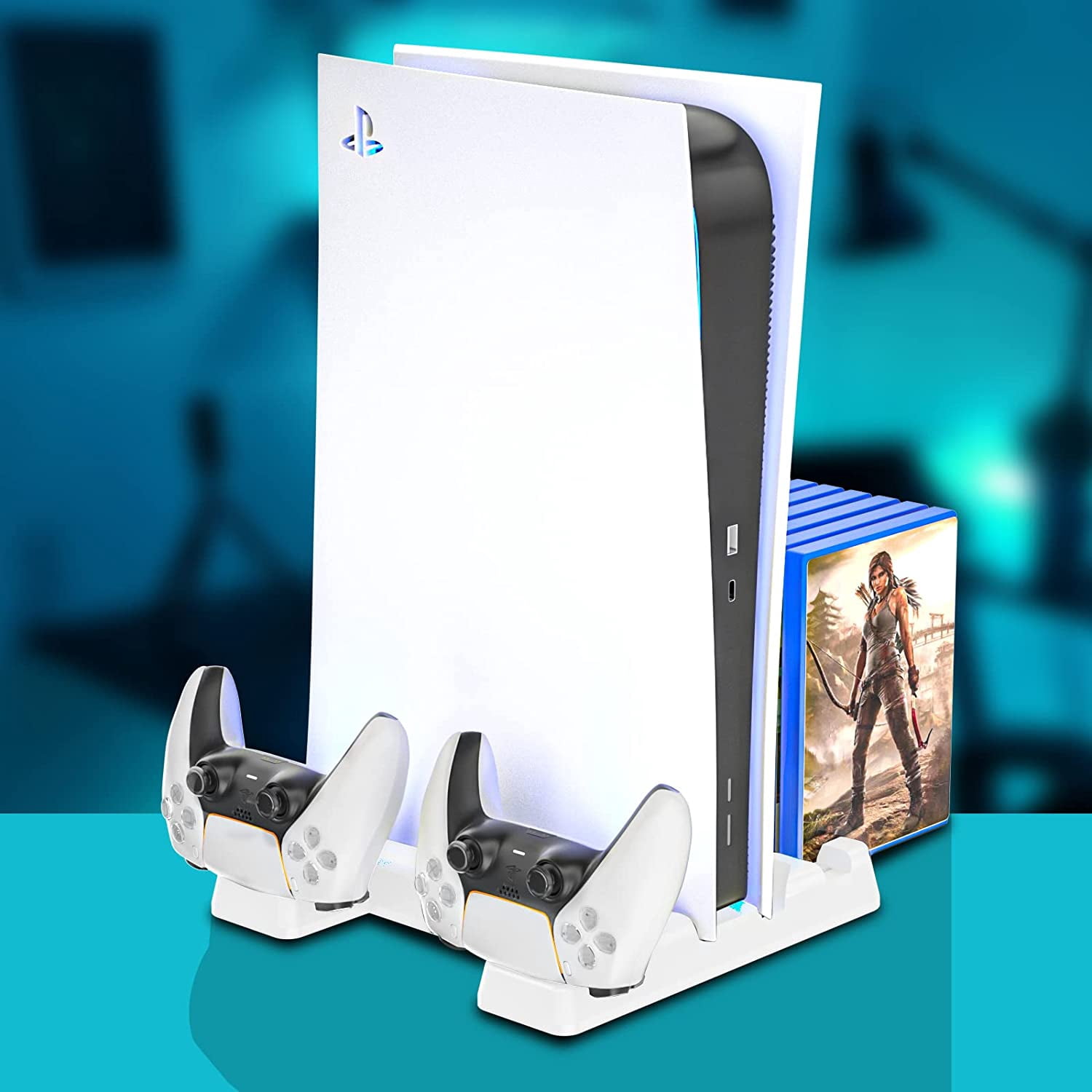 PS5 Cooling Stand, Fast Charging PS5 Stand with Cooling Fans, 3 Levels Adjustable Fans Speed, 12 PS5 Game Rack Organizer - White
