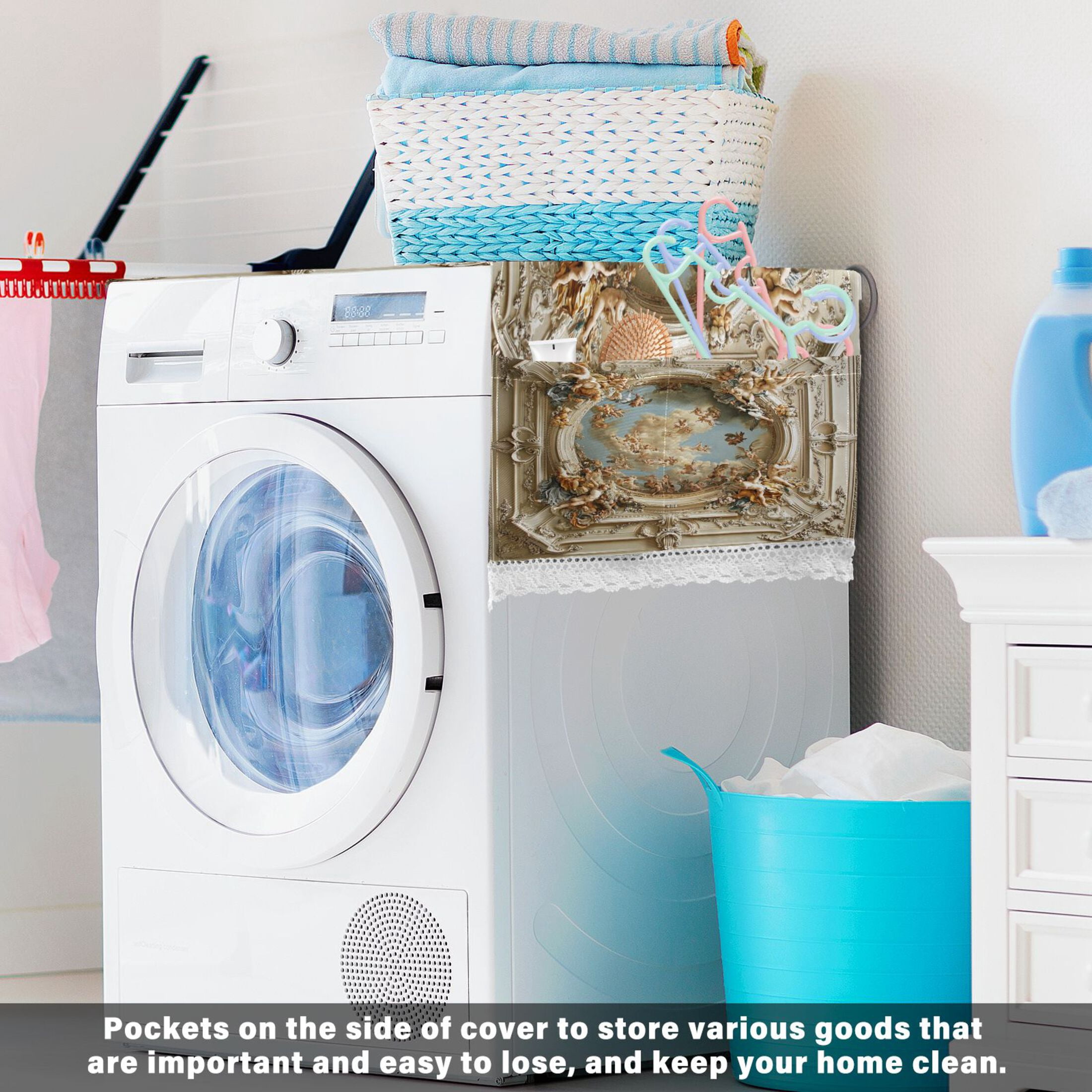 The Baroque PatternWasher and Dryer Covers Dust-Proof and Oil Resistant Fridge Cover with 4 Storage Pockets Washing Machine Top Cover for Laundry Kitchen Home 51.2 x 22 In