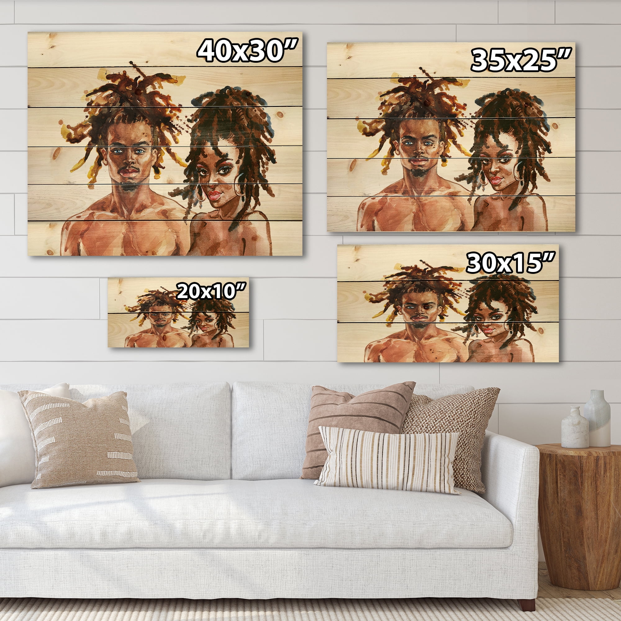 Designart 'Portrait of African American Couple' Modern Print on Natural Pine Wood