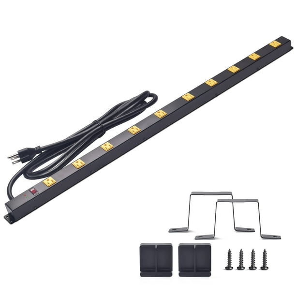 Tira de alimentación resistente de 10 tomas, protector contra sobretensiones, cable de extensión largo de metal de 6 pies, certificado SGS, negro (1000J)...