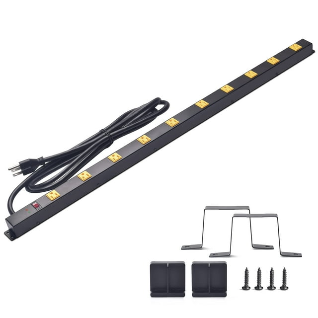 Tira de alimentación resistente de 10 tomas, protector contra sobretensiones, cable de extensión largo de metal de 6 pies, certificado SGS, negro (1000J)...