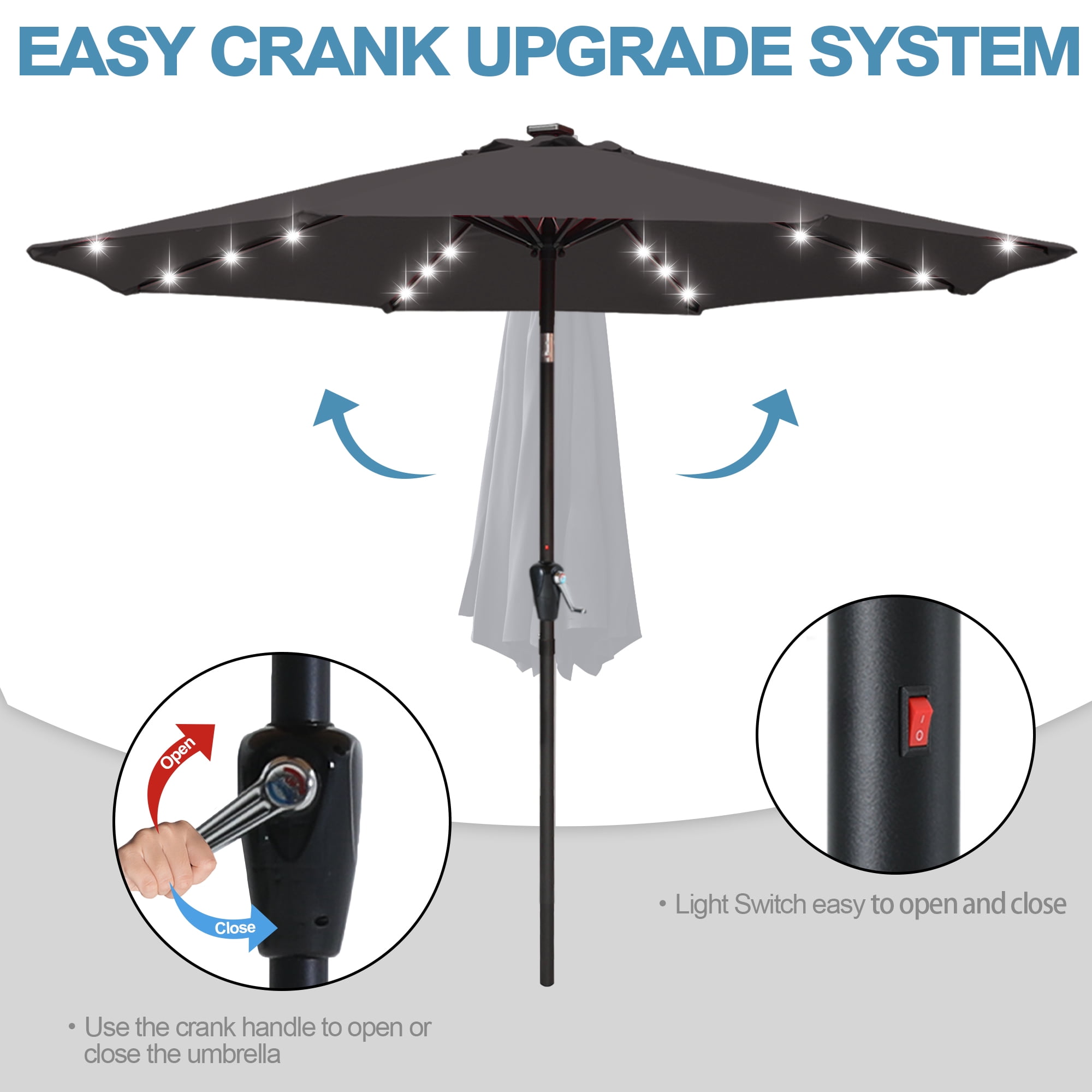 ABCCANOPY 7.5ft Patio Solar Umbrella LED Outdoor Umbrella with Tilt and Crank, Dark Gray