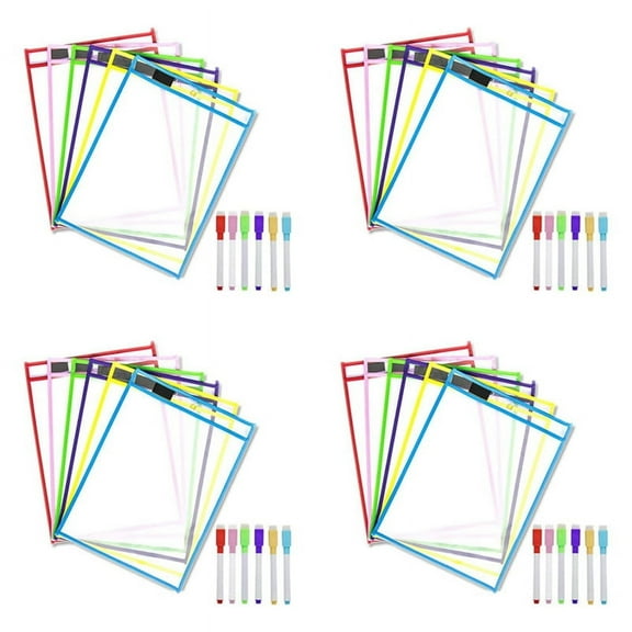 Reusable Dry Erase Pockets, 24 Pack Reusable Dry Erase Sleeves, Assorted Colors Sheet Protector,Dry Erase Pocket Sleeves