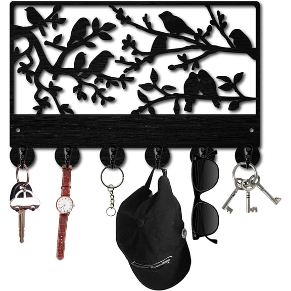 Birds on Branches Key Holder for Wall Mounted Key Hook Wooden Key Hanger Holder with 6 Hooks Key Hanging Organizer Black Coat Rack Wall Decorative for Entryway Front Door Hallway 12x7.8Inch