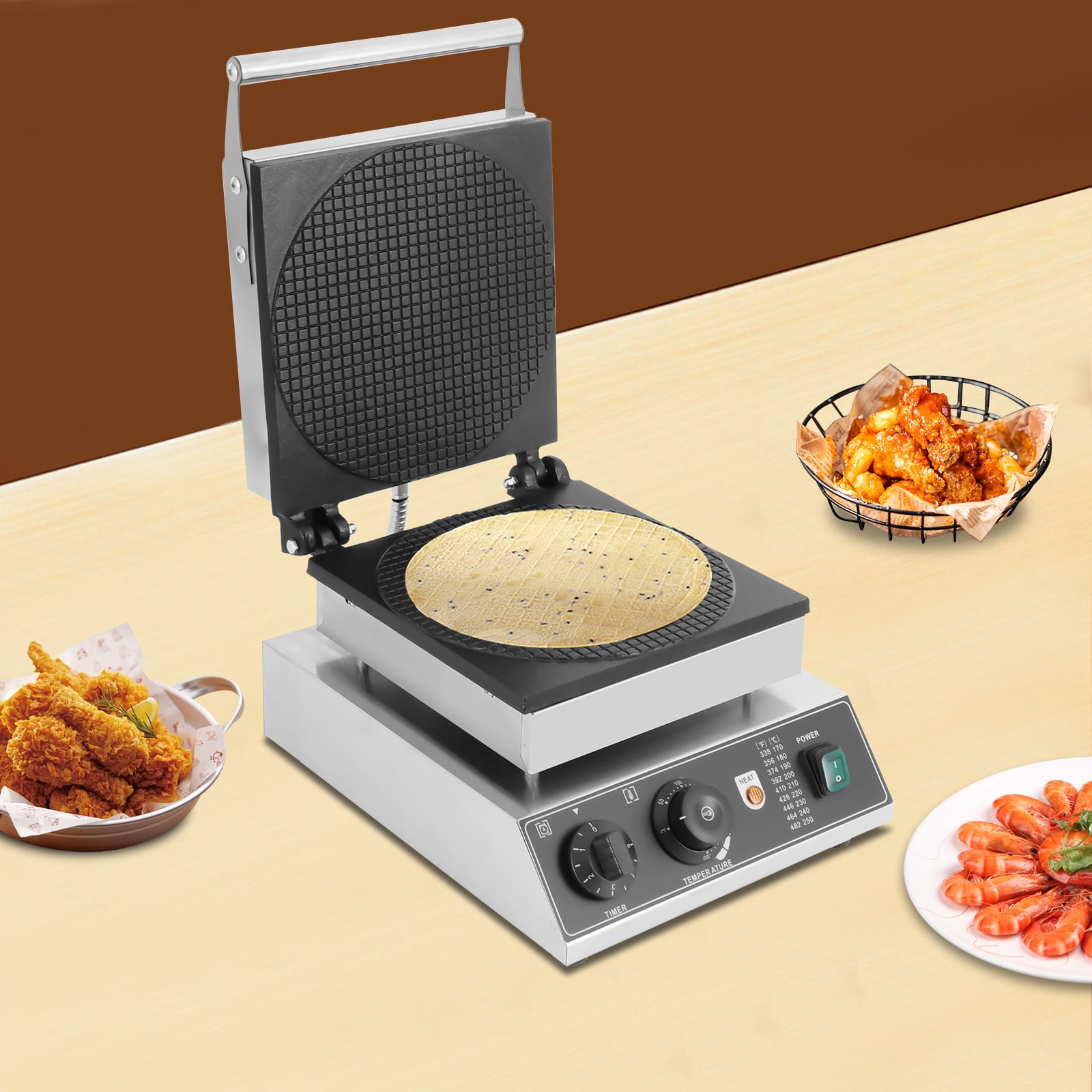 Commercial Waffle Maker, 1500W, Adjustable Temp (50-300℃) & Timer (0-5 Min), Non-Stick Teflon Coating, Stainless Steel, for Ice Cream Cones & Waffles