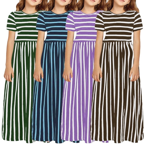 RTKFRFLM Girls Short Sleeve Striped Dress Kids Casual Crewneck Graphic Maxi Dress Children's Lightweight Breathable Daily Playwear Gown Fashionable Summer Clothing for Ages 6-14 Years