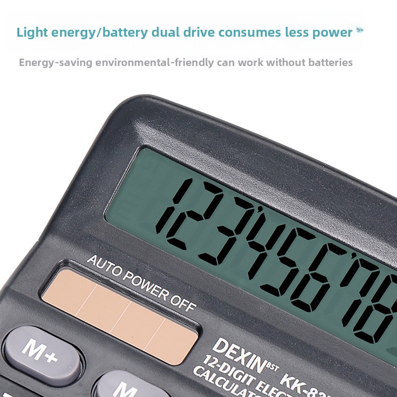 Solar calculator, dual power supply, low energy consumption, desktop office supplies.