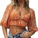 thumbnail image 1 of Camiseta de Gasa para Mujer Ticfox Cuello en V con Mangas Abullonadas Estampado Floral Naranja L, 1 of 6